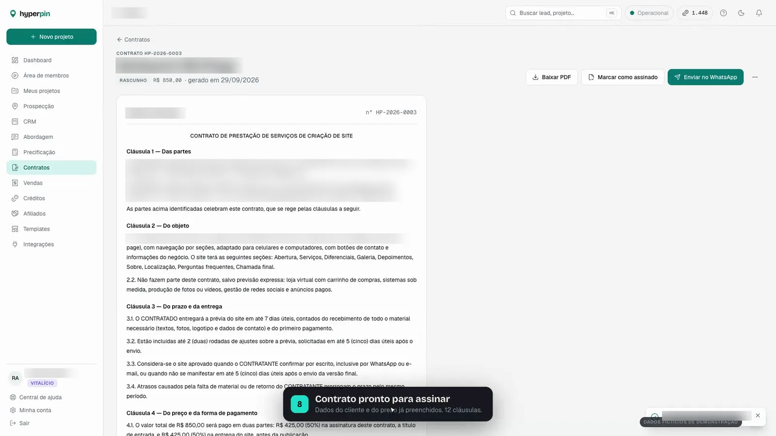 Contrato de criação de site gerado pelo Hyperpin Contrato de criação de site gerado pelo Hyperpin, pronto para baixar em PDF ou enviar no WhatsApp