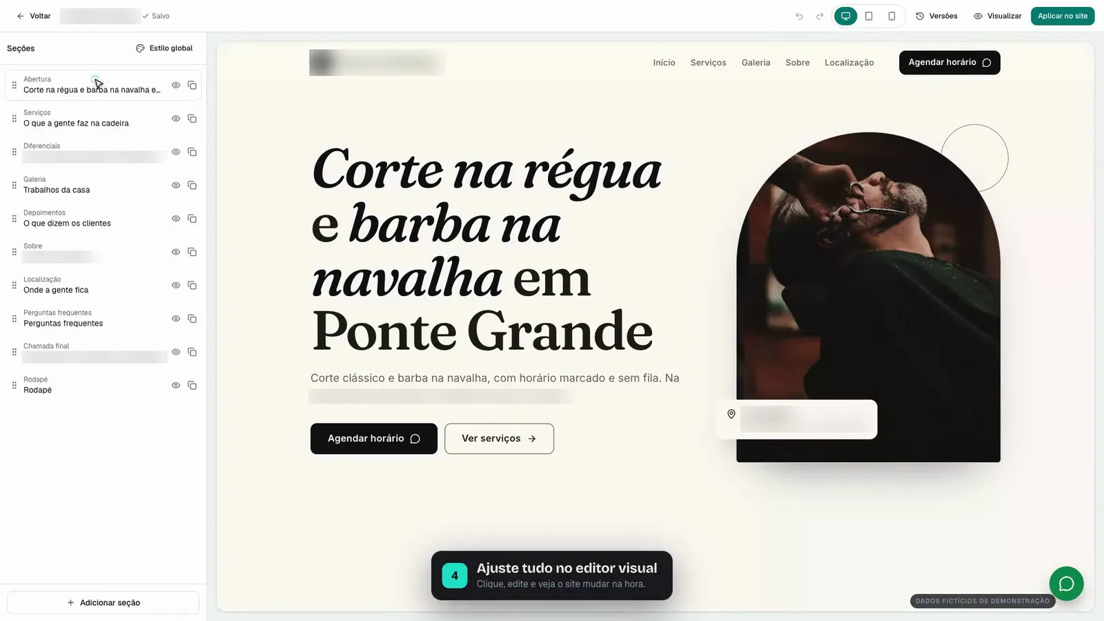 Site de barbearia gerado com IA no Hyperpin, aberto no editor visual Site de barbearia gerado com IA no editor visual do Hyperpin, com botão de agendar pelo WhatsApp