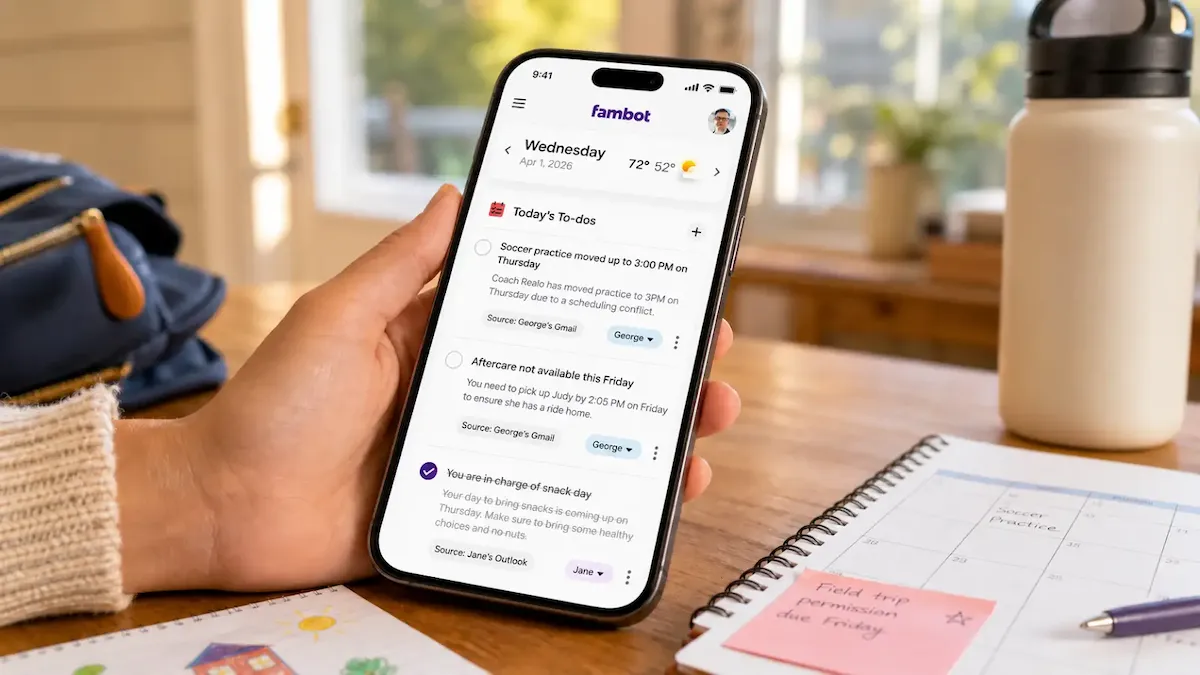 Fambot é apresentado pela TechCrunch como um assistente de IA voltado à organização da rotina familiar. Image Credits: Fambot